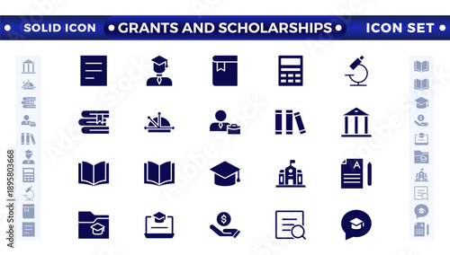 Grants and Scholarships solid icon set. Containing education, research, academic, degree, discipline, bachelor, post graduate icon. Scholarship, financial aid, grant, fellowship, award, icon. 