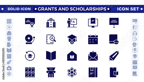 Grants and Scholarships solid icon set. Containing education, research, academic, degree, discipline, bachelor, post graduate icon. Scholarship, financial aid, grant, fellowship, award, icon. 