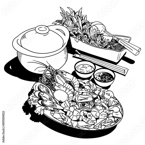 Detailed line art illustration of a traditional Thai seafood feast. This graphic features a clay hot pot, fresh prawns, mussels, and dipping sauces, perfect for culinary, restaurant, or travel themes.