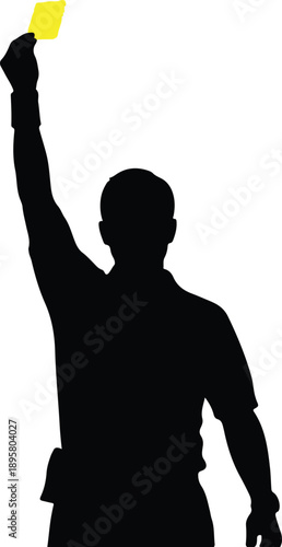 Silhouette of a sports official or referee raising a yellow card to signal a warning during a match , Generative Ai