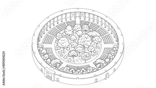 Circular Sanctuary Floor Plan Black Line Art with Central Trees Minimal Design