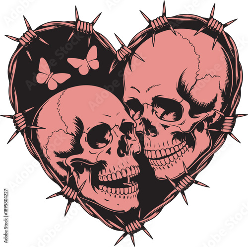 Two grinning skulls intertwined within a barbed wire heart with small butterflies hovering nearby