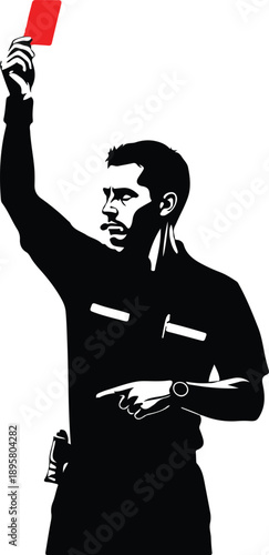 Illustration of a serious soccer referee showing a red card and pointing to send a player off , Generative Ai