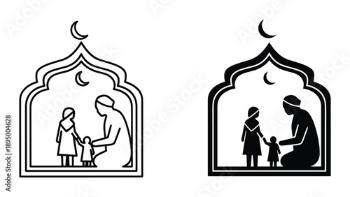 Mother and child illustration in islamic archway with crescent moon