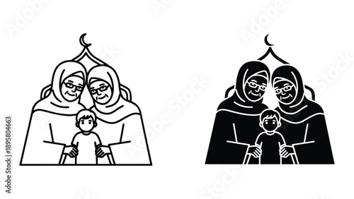 Happy muslim family with two mothers and child