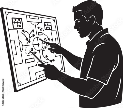 Illustration of a professional sports manager pointing at a tactical board explaining game strategy and positioning to players , Generative Ai