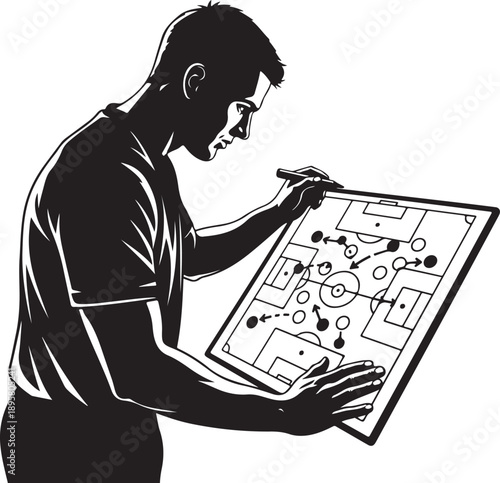 Black and white vector illustration of a focused soccer coach drawing strategy and player movements on a tactical whiteboard , Generative Ai