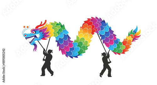 Vibrant rainbow Chinese dragon dance with performers, celebrating tradition and joy during festive cultural events and holidays