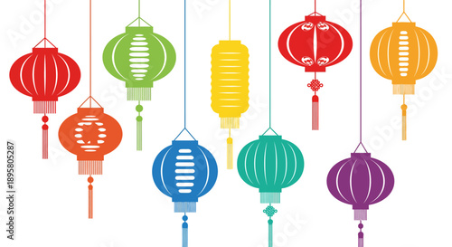 Colorful array of traditional Asian lanterns, vibrant decorative elements for cultural celebrations and festive occasions, hanging beautifully as a festive display