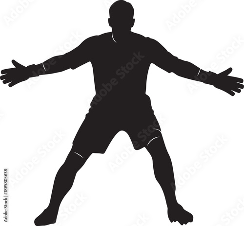 Full body silhouette of a soccer goalkeeper in a ready defensive stance with arms wide to block a shot on goal , Generative Ai
