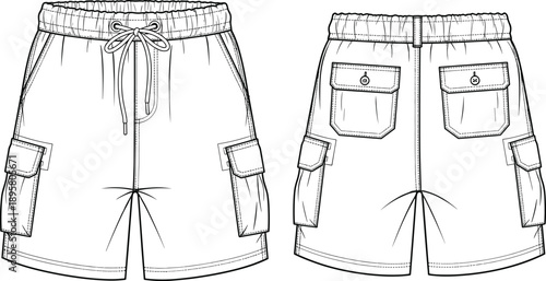 Cargo shorts technical flat sketch showing front and back views, casual drawstring waistband shorts with multiple utility pockets, modern streetwear apparel design template illustration