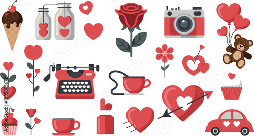 Valentine icon set, romantic illustrations, love symbols, heart-themed graphics, playful design, colorful elements, affection concept, festive decoration, gift ideas