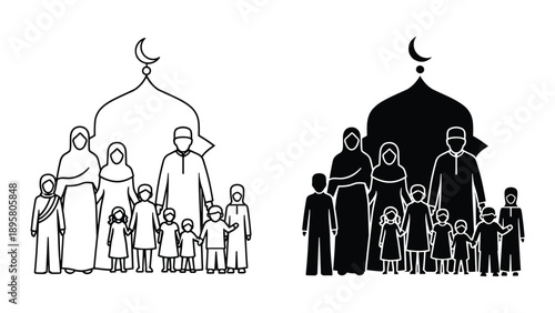 Muslim family standing together under mosque dome