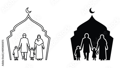Muslim family standing together under mosque silhouette