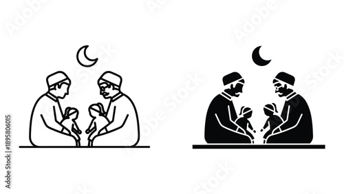 Two men breaking fast together under the moonlight