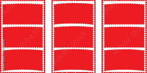 A series of three red postage stamp frames with a dotted white border