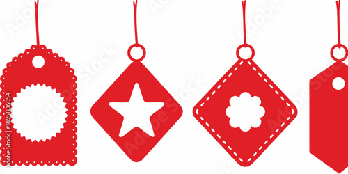 Red holiday ornaments hanging with decorative shapes and cutouts for festive cheer