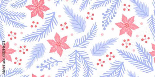 Festive winter pattern with poinsettias pine branches and red berry accents