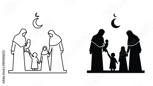 Family standing together under crescent moon