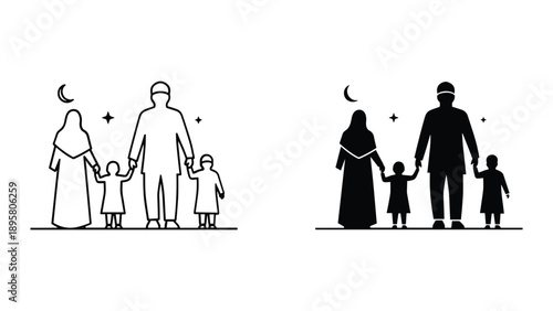Happy muslim family holding hands together under crescent moon