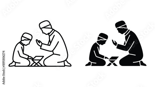 Father teaching son to pray in islam