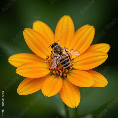 Bee collecting pollen on a vibrant orange flower.