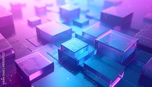 Abstract arrangement of transparent blue cubes on a textured surface, bathed in vibrant pink and blue gradient light