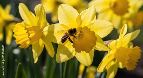 Bee collecting pollen from vibrant yellow daffodil flowers.