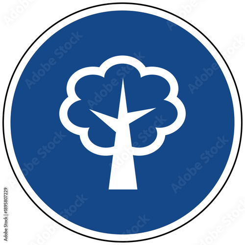 Vektor blaues rundes Schild mit weißem Baum Symbol für Natur Umwelt Ökologie Nachhaltigkeit Wald Pflanze