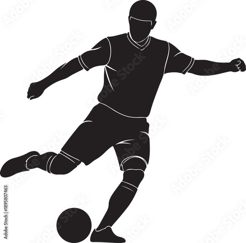 Soccer player kicking the ball in a dynamic action pose, athlete silhouette with white line details isolated on white , Generative Ai