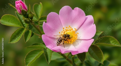 Bee Pollinating a Pink Rosehip Flower in Summer Garden.