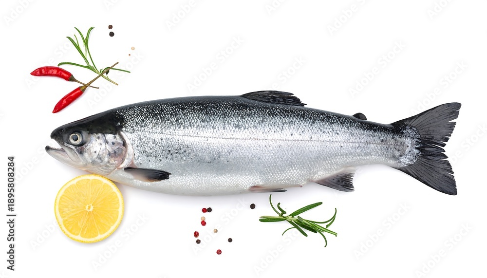 Obraz premium Fresh fish, side-view, isolated on white. Garnished with lemon slice, chili, rosemary and colorful peppercorns.
