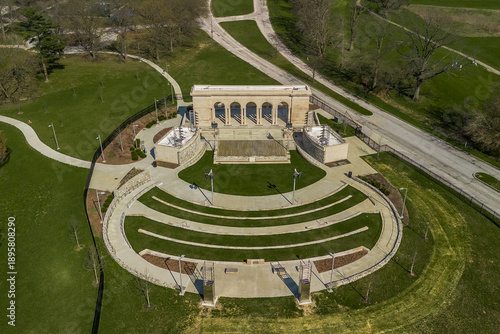 An aerial view of the Taggart Memorial Amphitheater in Riverside Park, Apr. 8, 2025 on the West side of Indianapolis, Indiana, United States.