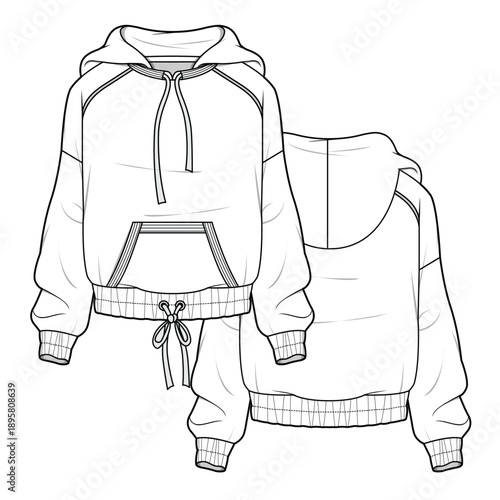 Raglan sleeve hoodies vector mockup template technical flat design.