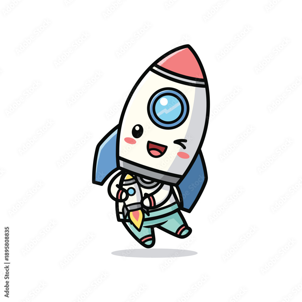 Fototapeta premium Happy cartoon rocket character flying in space suit