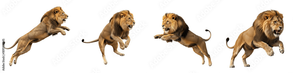 Ταπετσαρία Majestic African Lion Pouncing and Leaping Actions Isolated on White for Wildlif