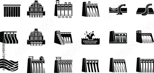 Hydroelectric dam and water spillway icons set showing power generation structures, reservoirs, waterfalls, and engineering infrastructure silhouettes for energy, environment, and 