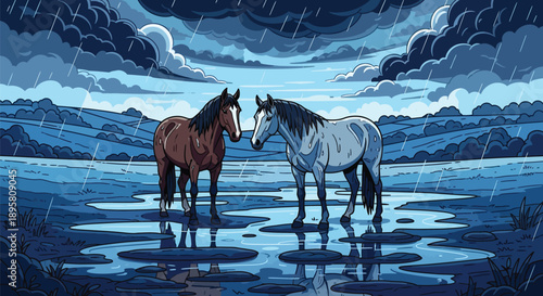 Two horses standing together in a rainy landscape with puddles and dark clouds
