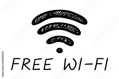 Hand drawn free wifi spot zone sign Public wi-fi area sign Wireless internet clipart in doodle style Single element for print, web, design, decor 3G, 4G, 5G, 6G, IoT