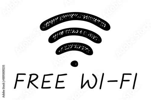 Hand drawn free wifi spot zone sign Public wi-fi area sign Wireless internet clipart in doodle style Single element for print, web, design, decor 3G, 4G, 5G, 6G, IoT