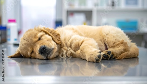 Adorable golden puppy sleeps peacefully on a shiny silver table in a bright, blurred background