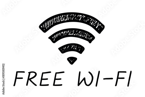 Hand drawn free wifi spot zone sign Public wi-fi area sign Wireless internet clipart in doodle style Single element for print, web, design, decor 3G, 4G, 5G, 6G, IoT