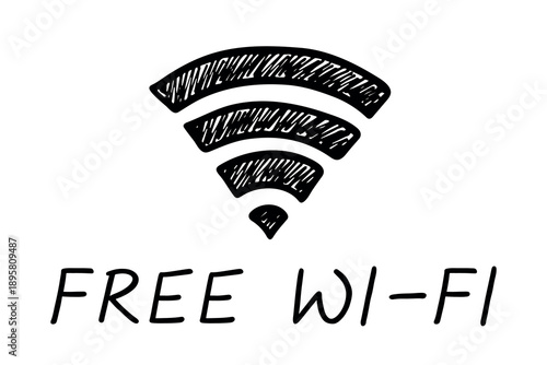 Hand drawn free wifi spot zone sign Public wi-fi area sign Wireless internet clipart in doodle style Single element for print, web, design, decor 3G, 4G, 5G, 6G, IoT