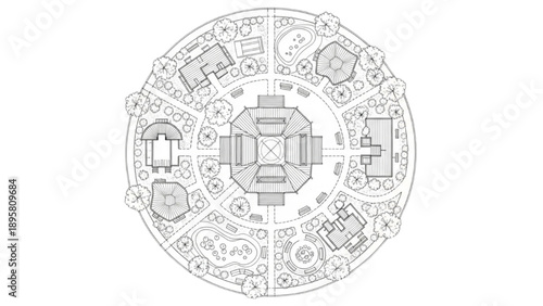 Modular Nature Lodge Floor Plan Black Continuous Line Art with Tree-Separated Units