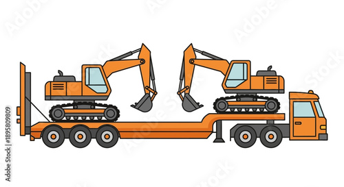 Construction Excavators Transported On A Flatbed Truck For Heavy Machinery Haulage Services