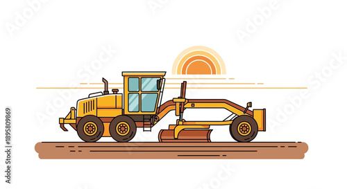 Construction Grader Machine For Roadwork Under Sunny Sky Abstract Style