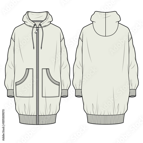 Longline hoodies technical drawing vector mockup template.