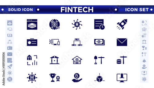 Fintech solid icon set. Containing digital banking, cryptocurrency, mobile payment, regtech, blockchain, robo-advisors, financial services, and more.