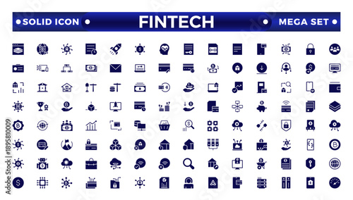 Fintech solid icon set. Containing digital banking, cryptocurrency, mobile payment, regtech, blockchain, robo-advisors, financial services, and more.