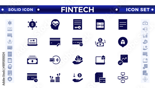 Fintech solid icon set. Containing digital banking, cryptocurrency, mobile payment, regtech, blockchain, robo-advisors, financial services, and more.